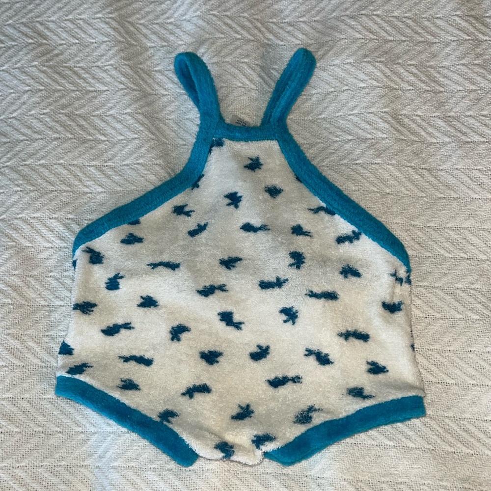 Vtg Baby Girl’s Blue and White Swimsuit with Button Back Crossed Straps 12 Mos